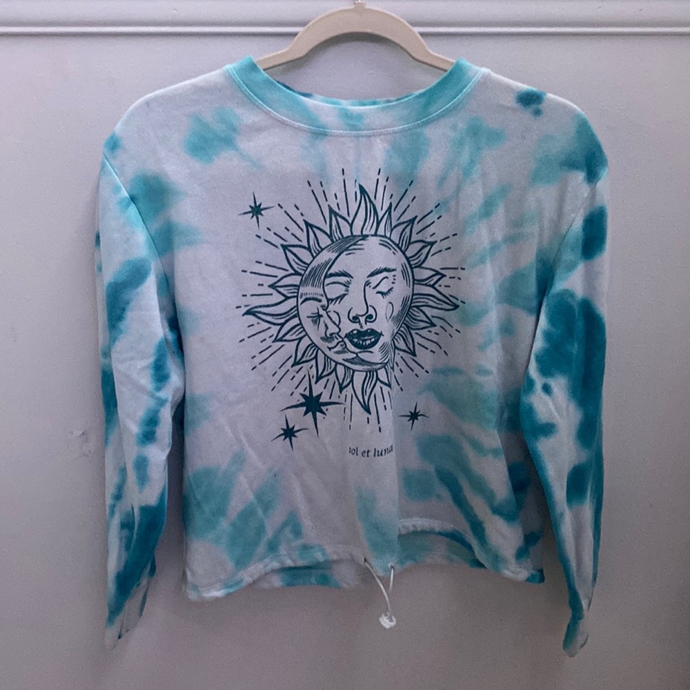 Blue tie dye sweater, moon and sun print